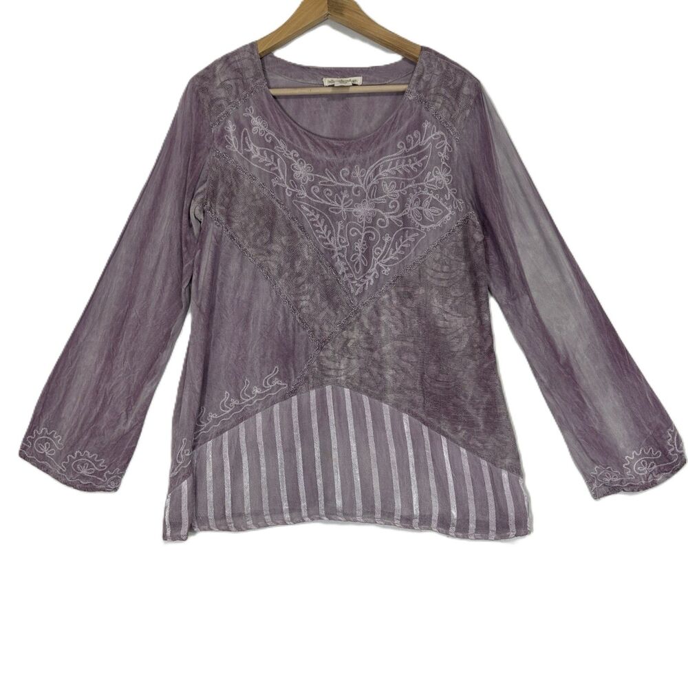 Indigo Thread Co Woven Embellished Chiffon Hem Top Womens M Boho Lagenlook Artsy